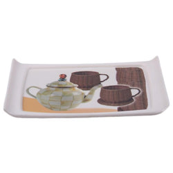 White Plastic Tray with Beautiful Teapots Printed Design